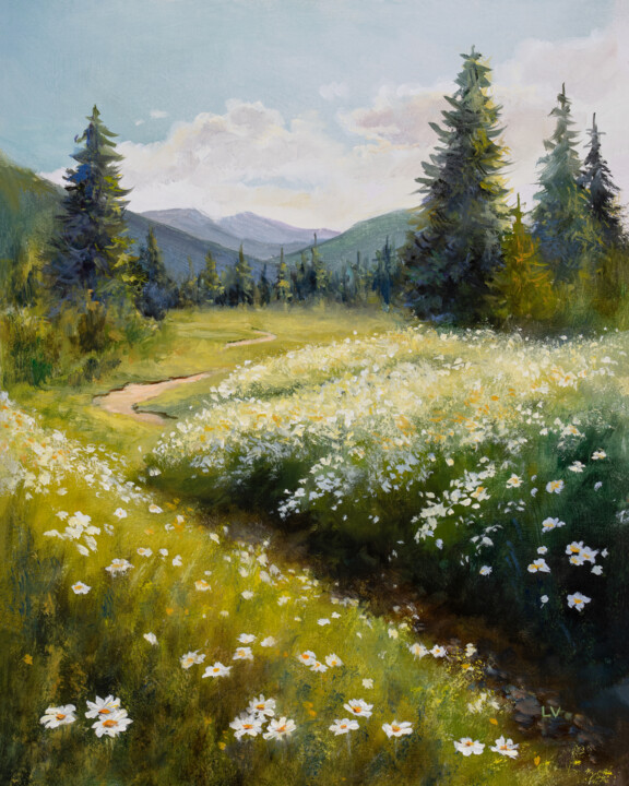 Mountain Wildflowers And Fir Trees, Painting by Lucia Verdejo