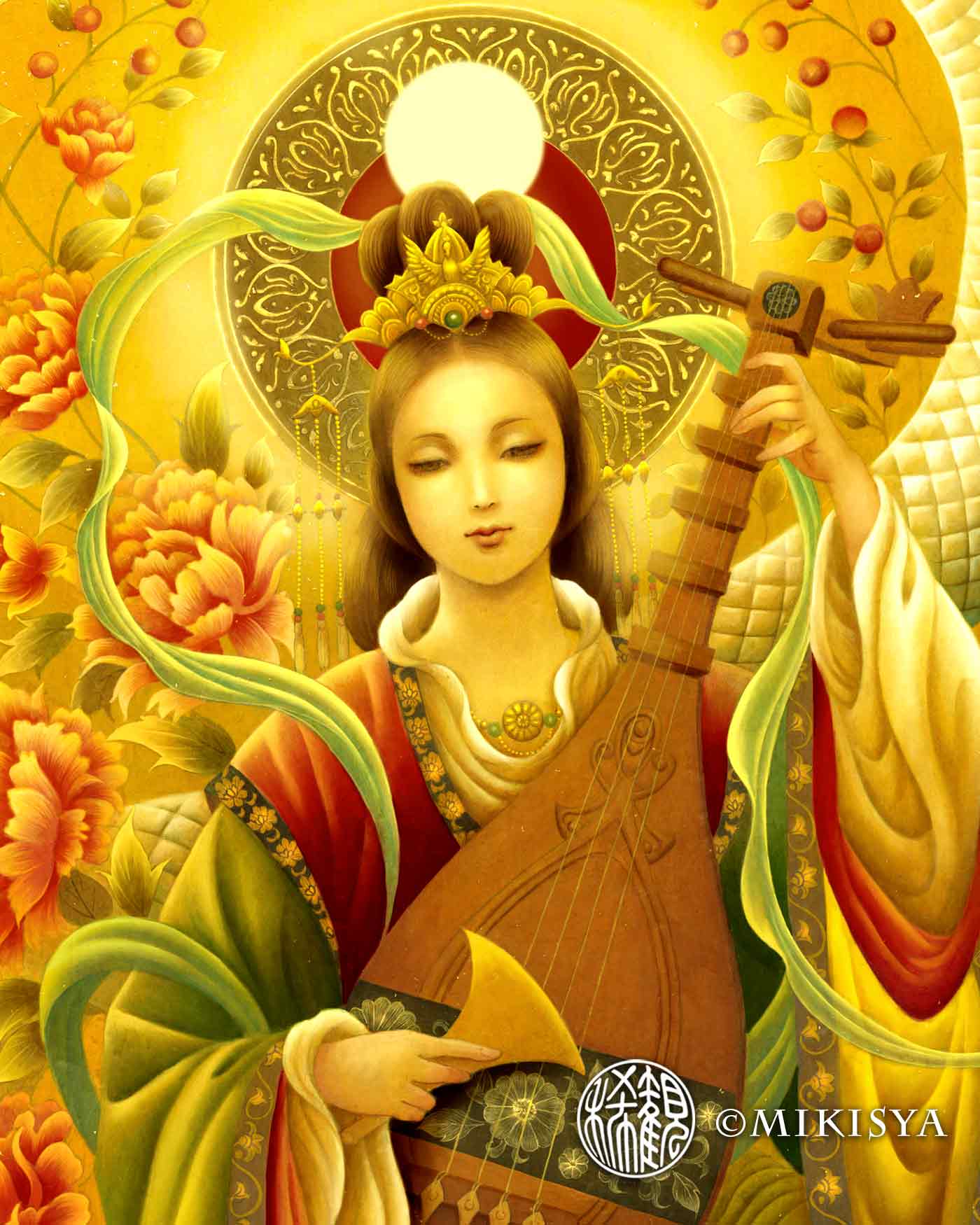 豊かさと芸術を司る女神・弁才天と白蛇の仏画ジクレー版画｜七福神の