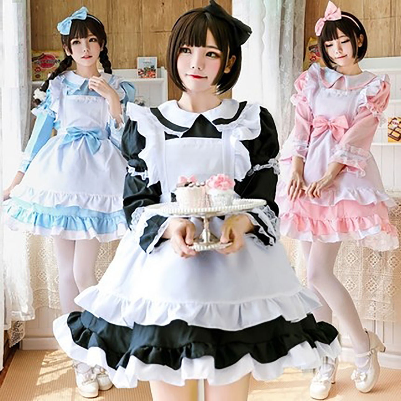 メイド服 コスプレ 半袖 長袖 2way仕様 ピンク ブルー ブラック
