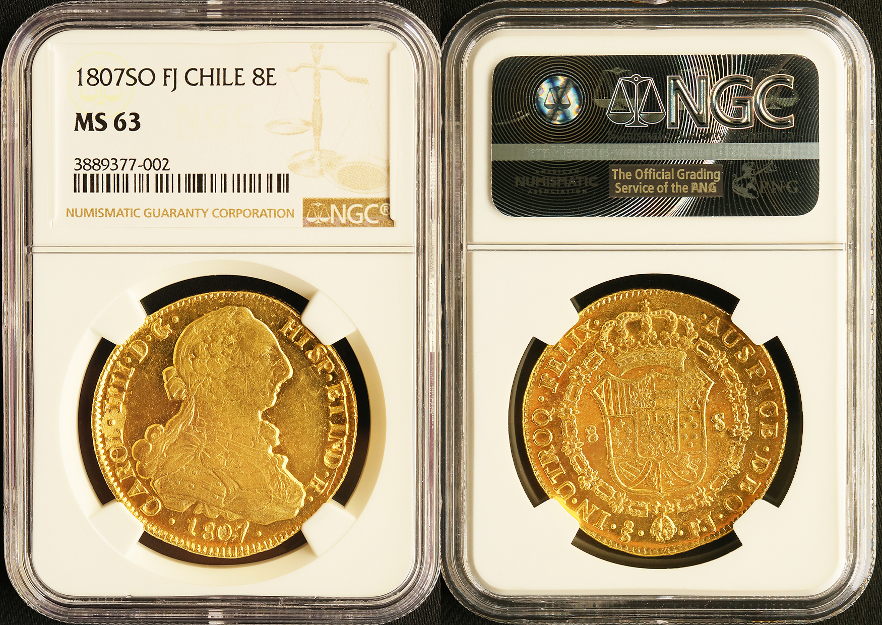 チリ 1807SO FJ カルロス4世 サンティアゴ 8エスクード金貨 NGC MS63