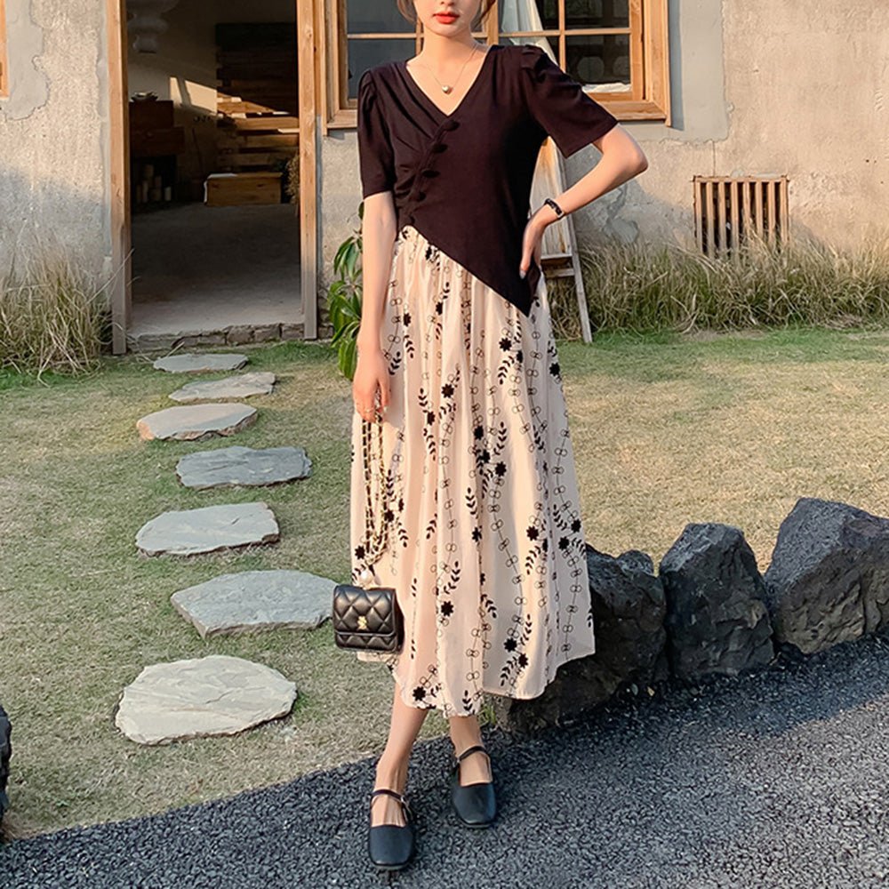 Vネックトップス花柄スカートセットアップ｜オフィスカジュアル