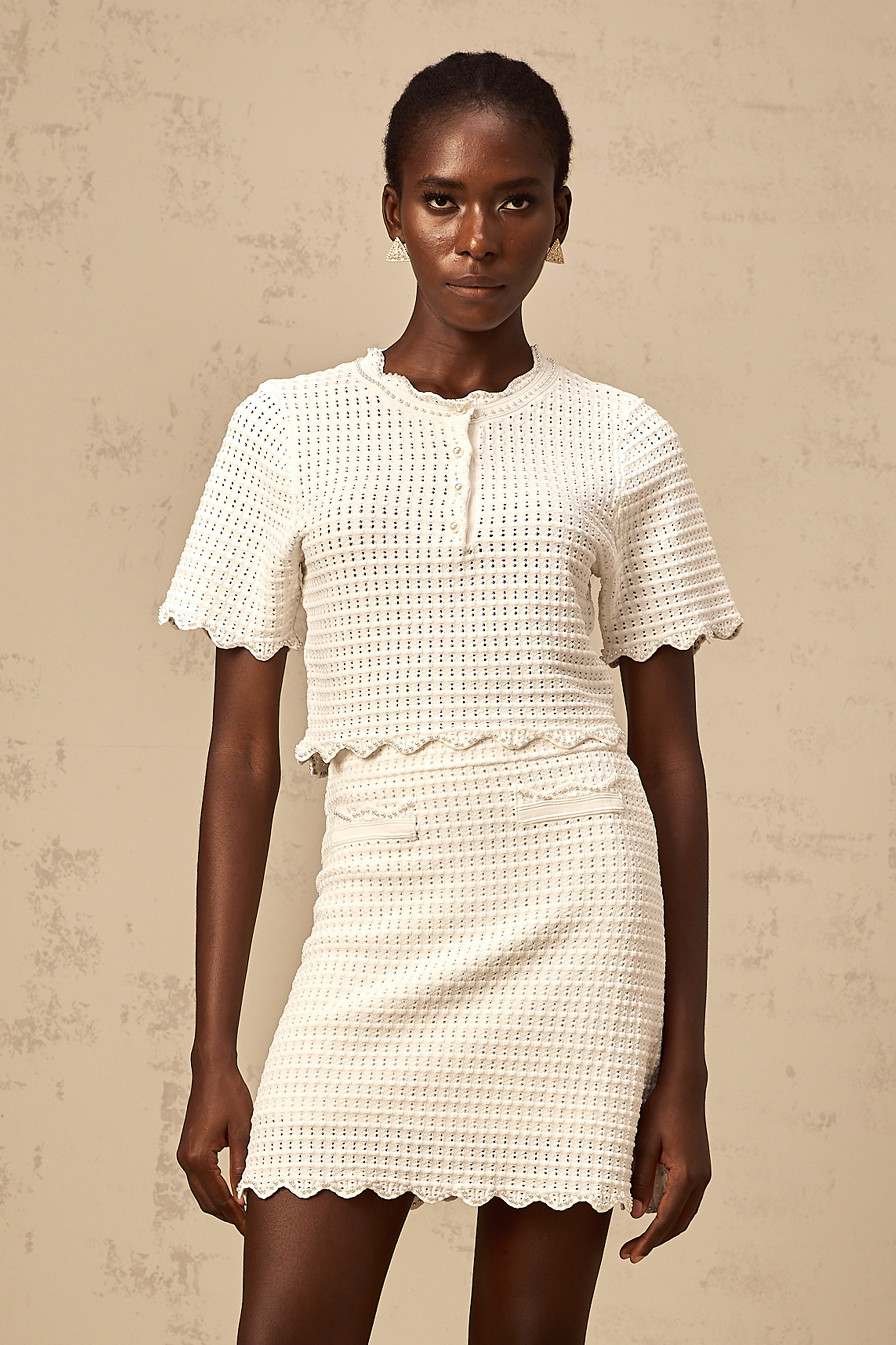 Maxanne cream-white ruffled pointelle-knit top & skirt matching set