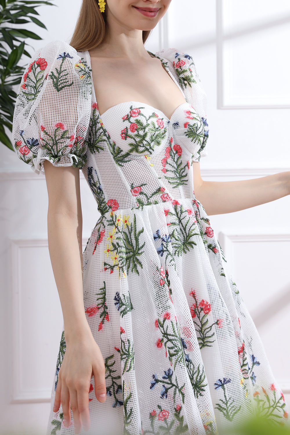 MissJophiel Puff Short Sleeves Corset Embroidery Midi Dress