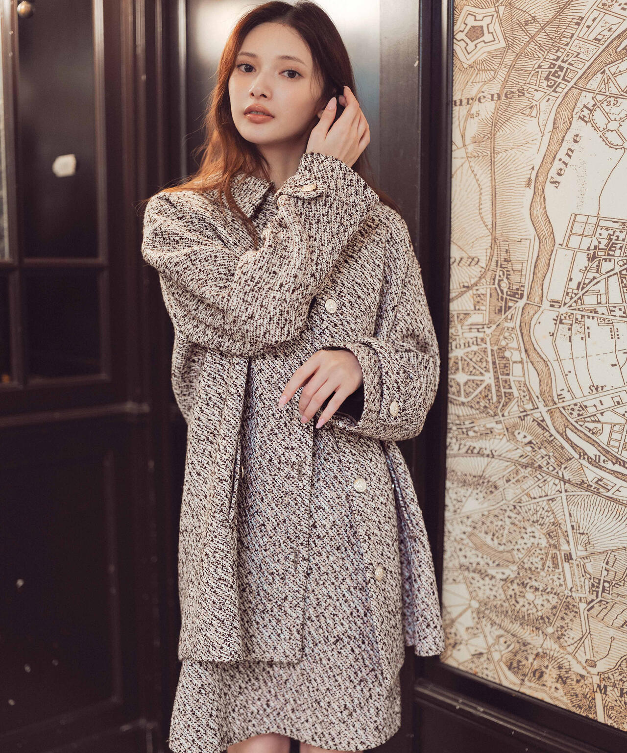 青島心さん着用】金ボタン付きツイードミドルジャケット | PROPORTION