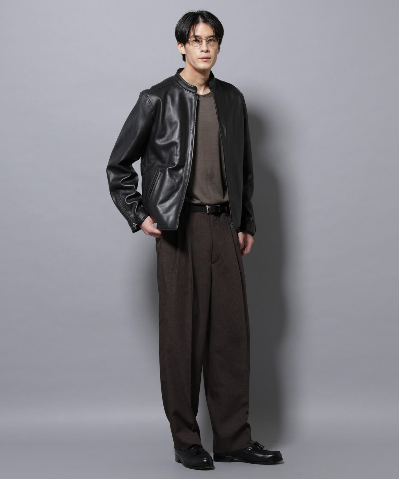 バンドカラーレザーシングルライダースジャケット | NANO universe