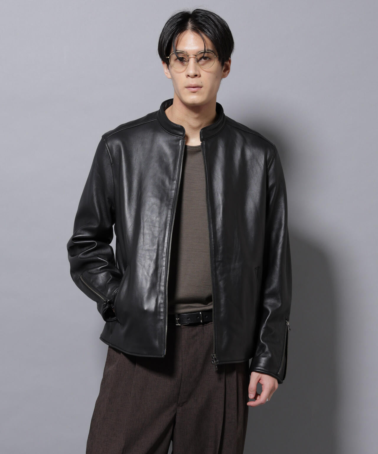 バンドカラーレザーシングルライダースジャケット | NANO universe