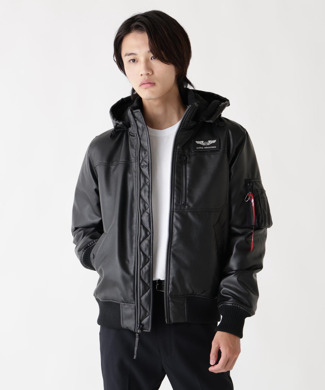 FAUX LEATHER HOODED RIB FLIGHT JACKET | Alpha Industries（アルファ