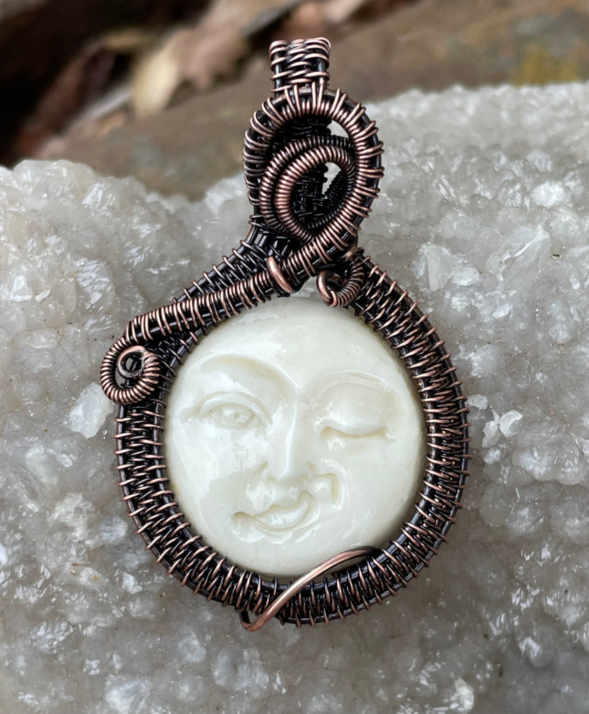 Cheeky Winking Moon Carved Bone Pendant in Copper – Monkeylion Designs