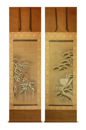 狩野探雪守定 Tansetsumorisada Kano 『雪中画二幅』-梟・白鷺-【掛軸