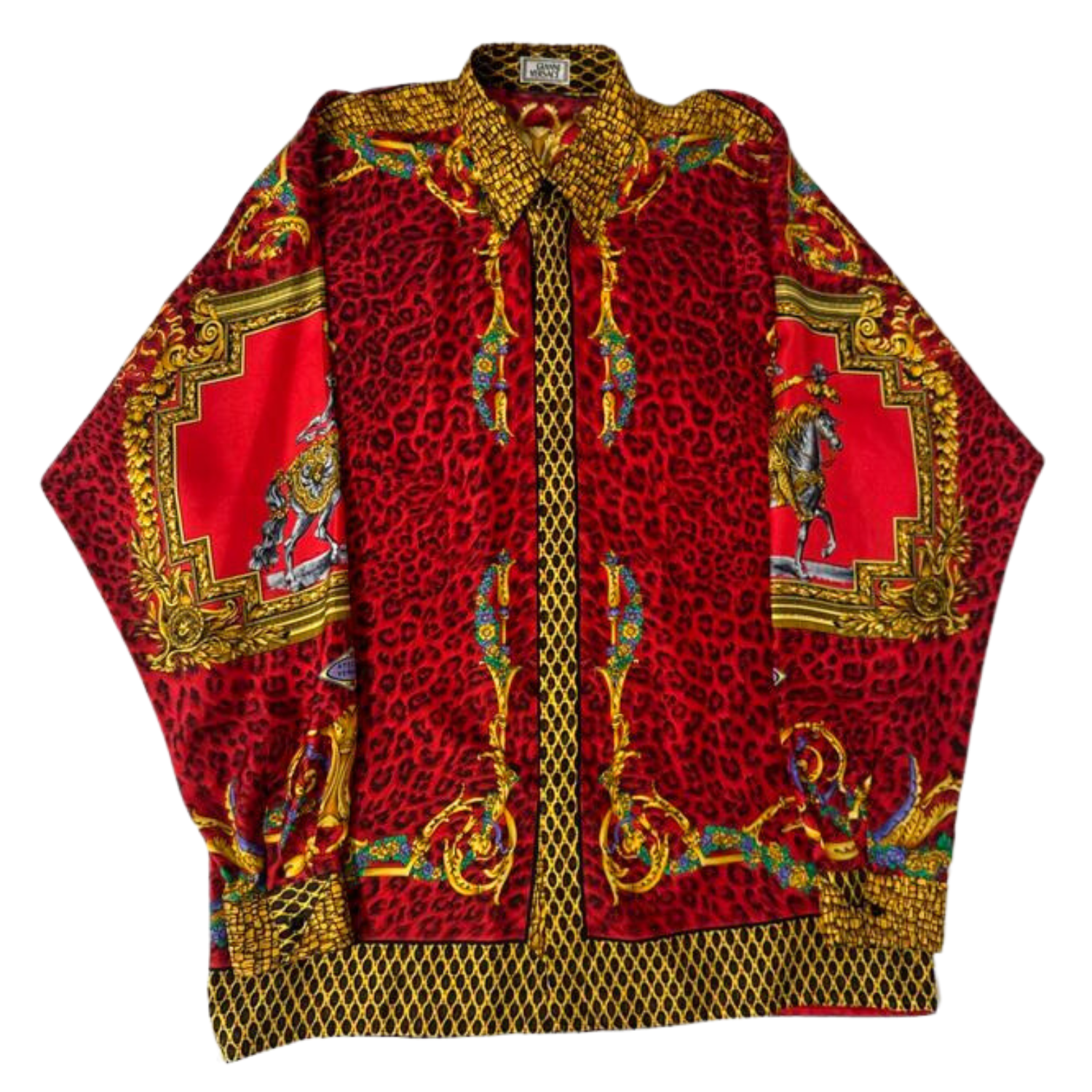 1990S GIANNI VERSACE Red & Gold Silk Twill Baroque Leopard Print