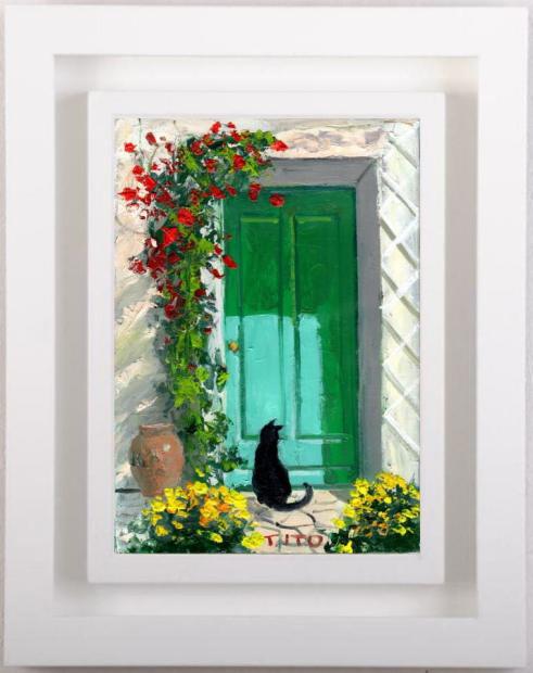 猫の絵画を油絵で描いた伊東拓実の猫の絵「緑の扉と猫」をご購入