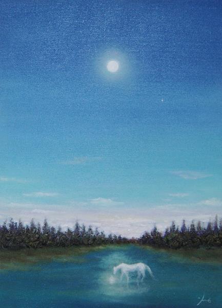 馬の絵をミクストメディアの絵画で描いた藤田高明の白馬の絵「朝の月」
