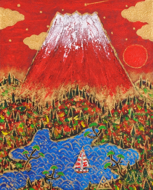 富士山と犬 立体画/風景画/絵画/日本画 富士山 盛り絵 美術品 富士山と