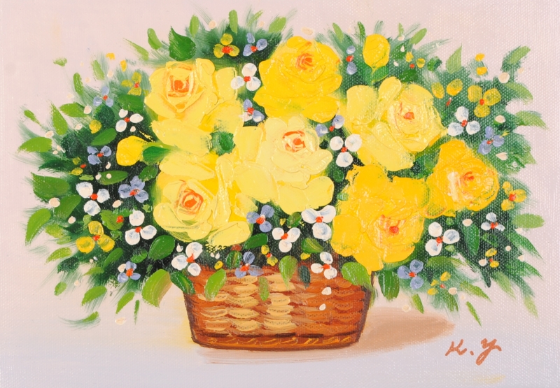油絵の絵画で山田一夫が描いた花の絵の油絵「黄色いバラ」を購入