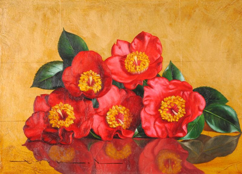 油絵の絵画で鎌田徹が描いた花の絵の油絵「赤い椿」を購入
