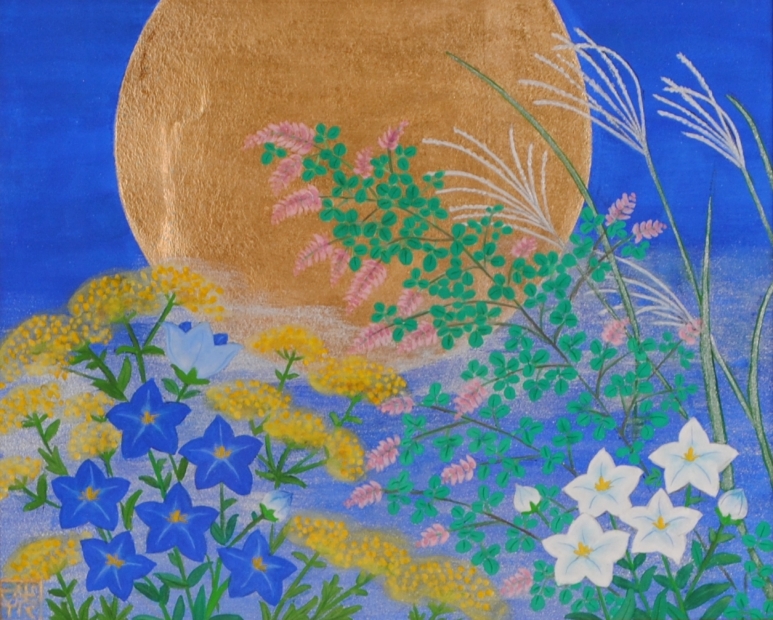 日本画の絵画で金沢光子が描いた和の花の絵「月と秋草」をご購入