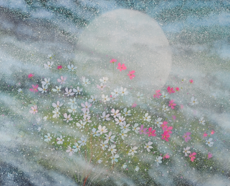 花の絵画をミクストメディアで描いた荒木幸史の花の絵「月に遊ぶ