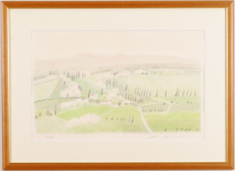 安野光雅がリトグラフの版画で制作したインテリアの絵画「トスカーナの