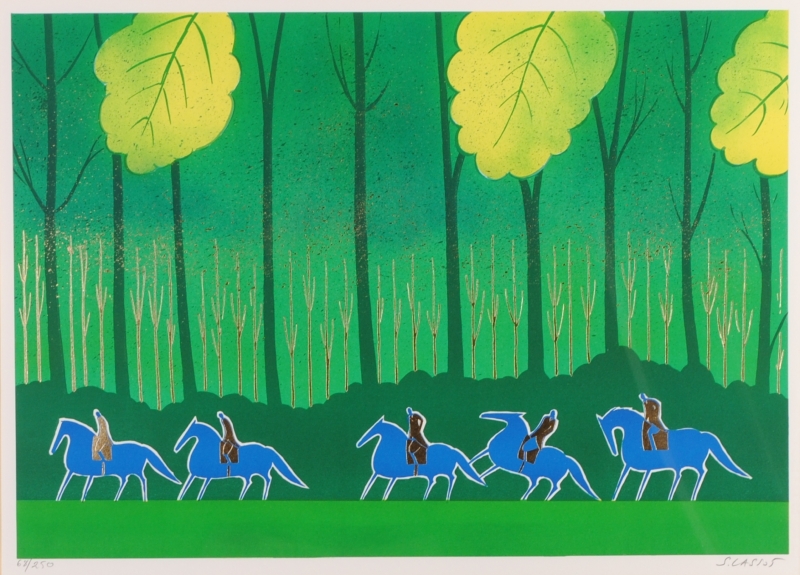 馬の絵画をリトグラフの版画で制作したセルジュ・ラシスの馬の絵「5人