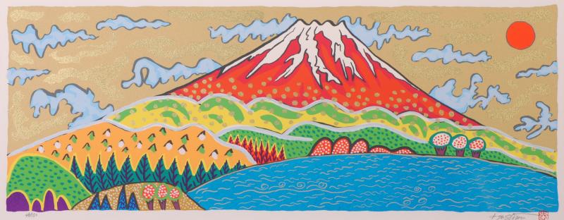 赤富士の絵画をシルクスクリーンの版画で制作した志摩欣哉の赤富士の和