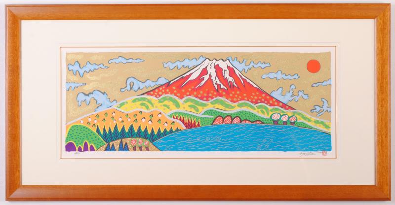 赤富士の絵画をシルクスクリーンの版画で制作した志摩欣哉の赤富士の和