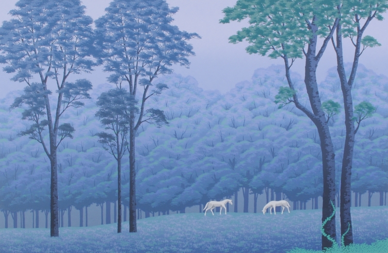 馬の絵をシルクスクリーンの版画で制作した国武久巳の馬の絵「蒼霞の森