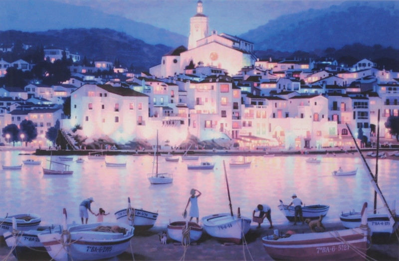 海の絵をシルクスクリーンの版画で制作した笹倉鉄平のスペインの海の絵