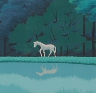 馬の絵をシルクスクリーンの版画で制作した国武久巳の馬の絵「蒼い森