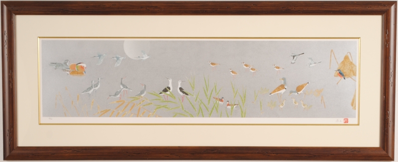 上村淳之がシルクスクリーンの版画で制作した和の鳥の絵「水辺の四季