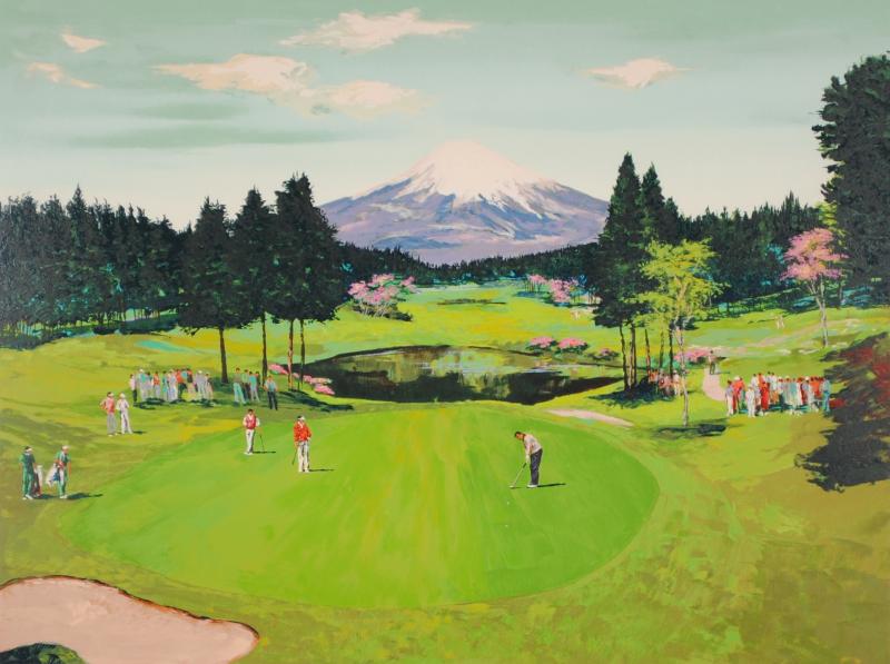 シルクスクリーンの版画でマーク・キングが制作したゴルフの絵「富士桜