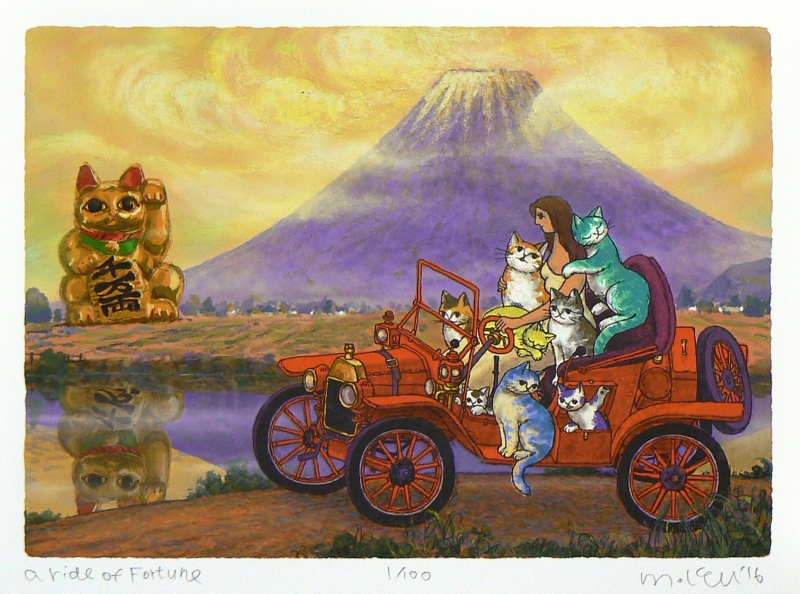 マイケル・ルーのポップアートの猫の絵画「幸運に乗って」を通販で販売