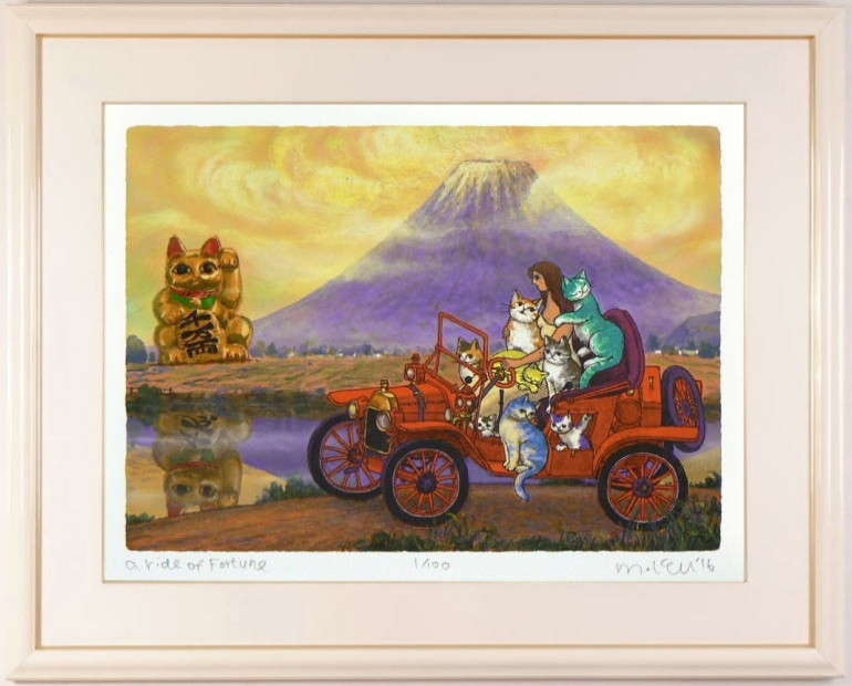 マイケル・ルーのポップアートの猫の絵画「幸運に乗って」を通販で販売