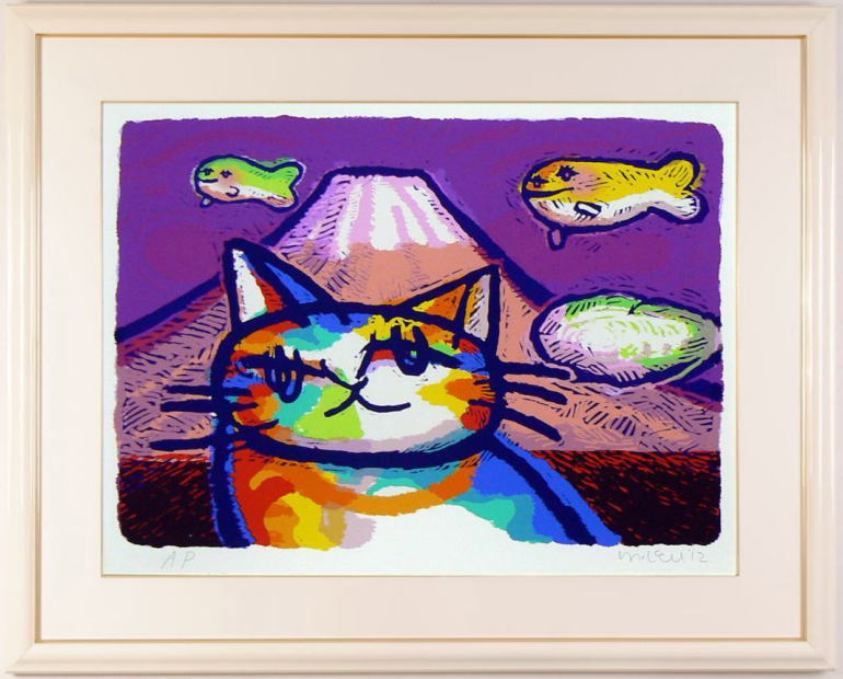 マイケル・ルーのポップアートの猫の絵画「ファジーと富士」を通販で販売