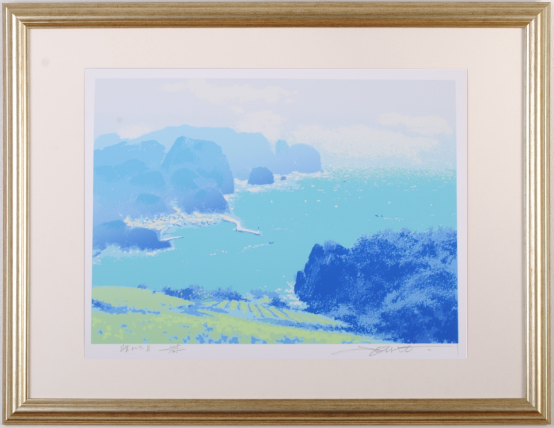 海の絵をシルクスクリーンの版画で制作した池上壮豊の海の絵「晴れた日