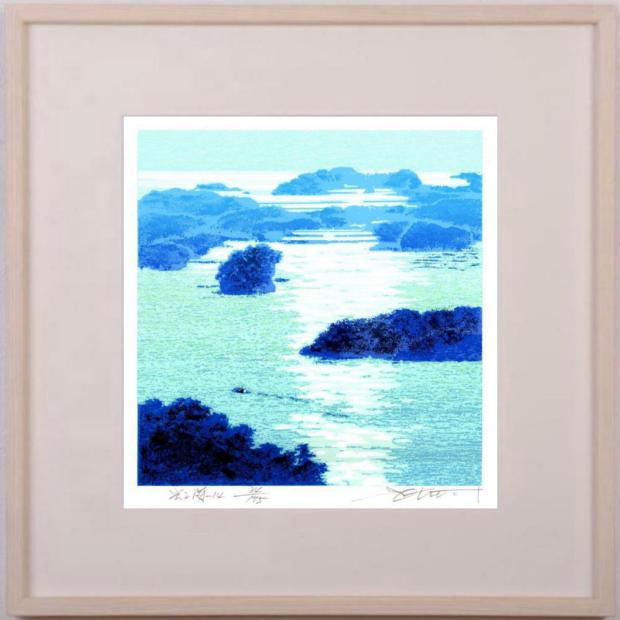 海の絵画をシルクスクリーンの版画で制作した池上壮豊の海の絵「光る海