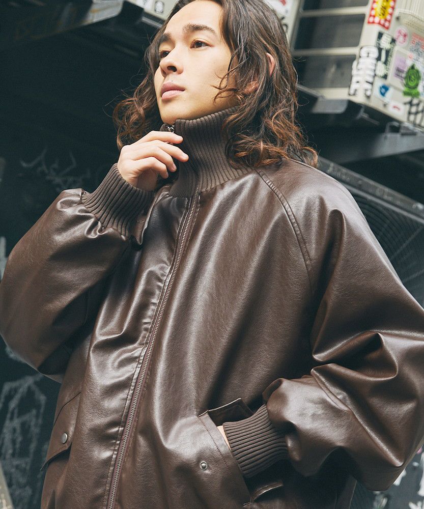 オーバーサイズリブハイネック フェイクレザー/ダック ブルゾン | MSG