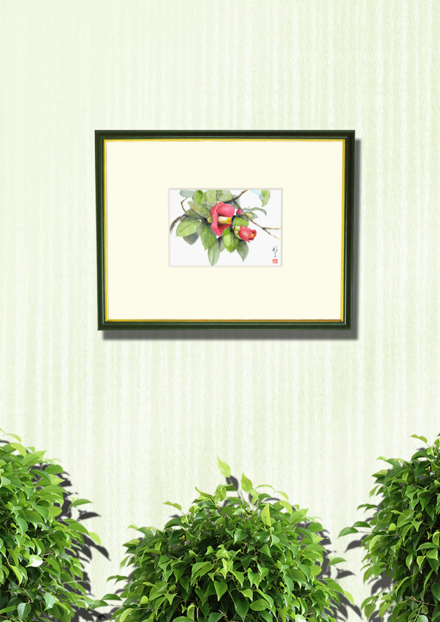 志村好子「椿」6・水彩（画寸128×185・額寸318×410mm）