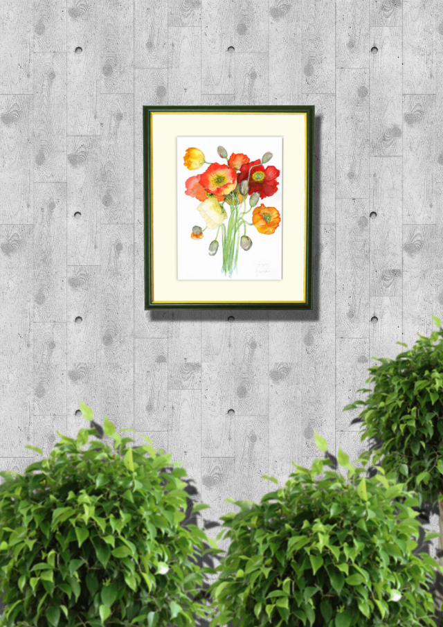 志村好子「ポピー」水彩画（絵寸250×333・額寸3377×454mm）
