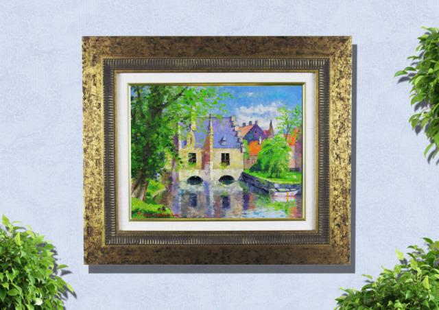 水の都”梅沢民雄「ブルージュ」油彩画・F6・額寸540×630mm”お部屋が