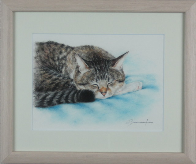 猫の絵・山中翔之郎・パステル画「すね枕」 額寸・397×473mm ”気持ちよ