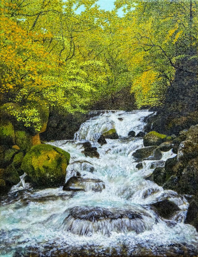 爽やかな渓流・滝の絵” 百瀬太虚 「蓼科大滝」（長野県茅野市）F6 油彩