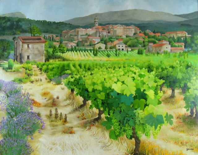 南仏風景画・志村好子「プロバンスの葡萄畑」油彩・F50・額寸945