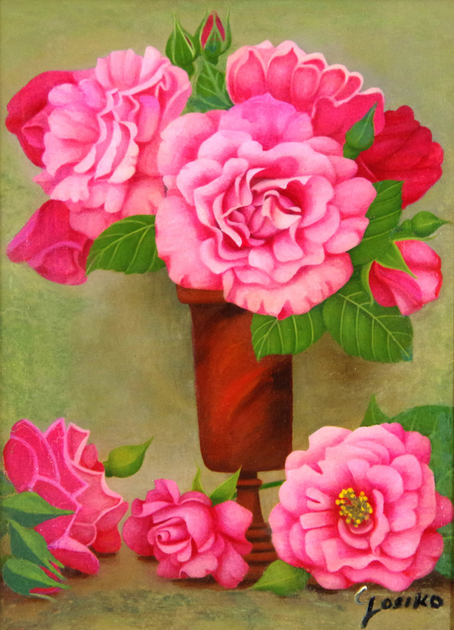 志村好子・バラの絵「薔笑」（ピンク）油彩・F4
