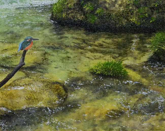 カワセミの油絵 ”水辺のカワセミに魅せられて” 百瀬太虚「水辺の詩」F3