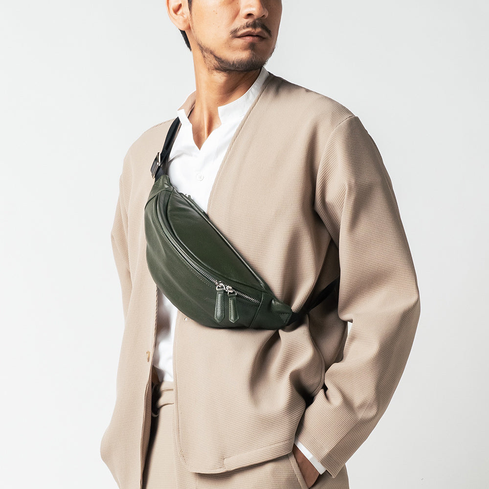 牛革シュリンクレザー YKKファスナー ボディバッグ ウエストポーチ