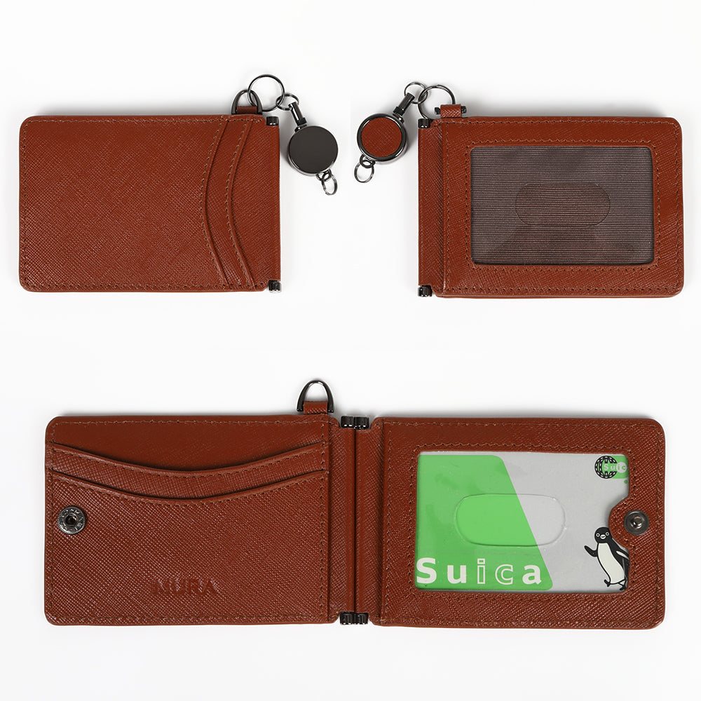 サフィアーノレザー 薄型 伸縮リール付 バタフライ式IDカードケース