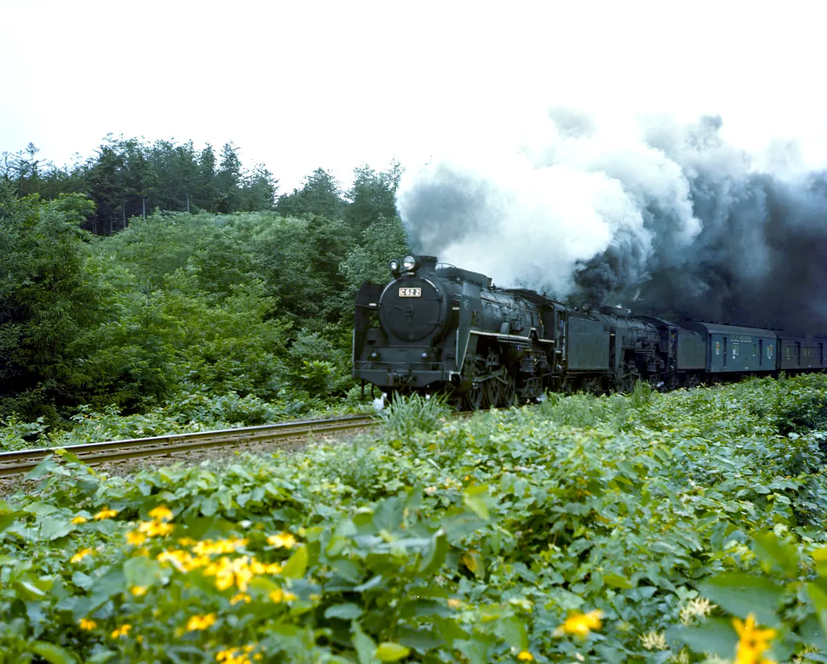 函館本線のC622。急行ニセコ重連のカラー写真