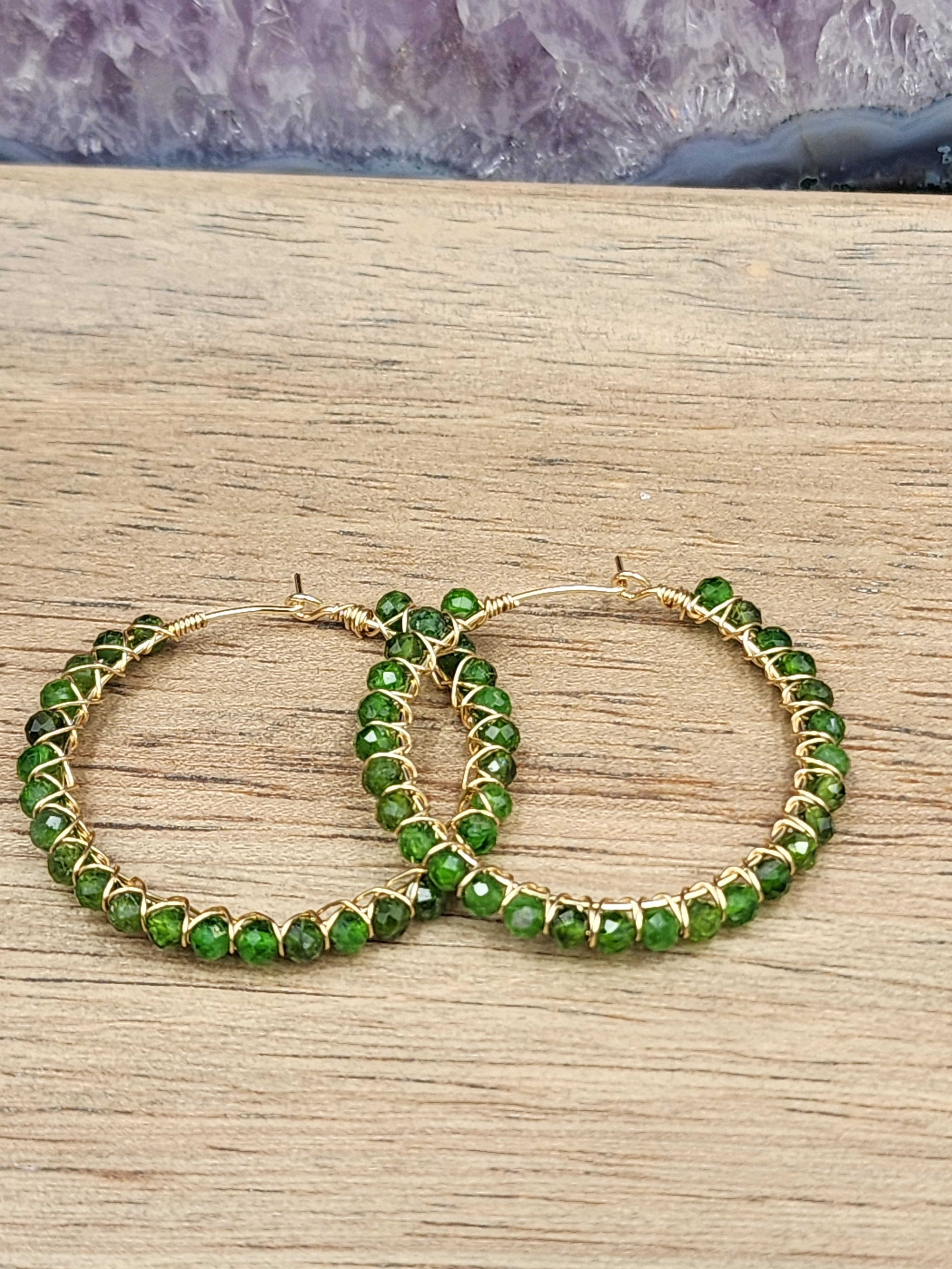14k Gold Filled Chrome Diopside Gemstone Hoops Earrings, 40 mm
