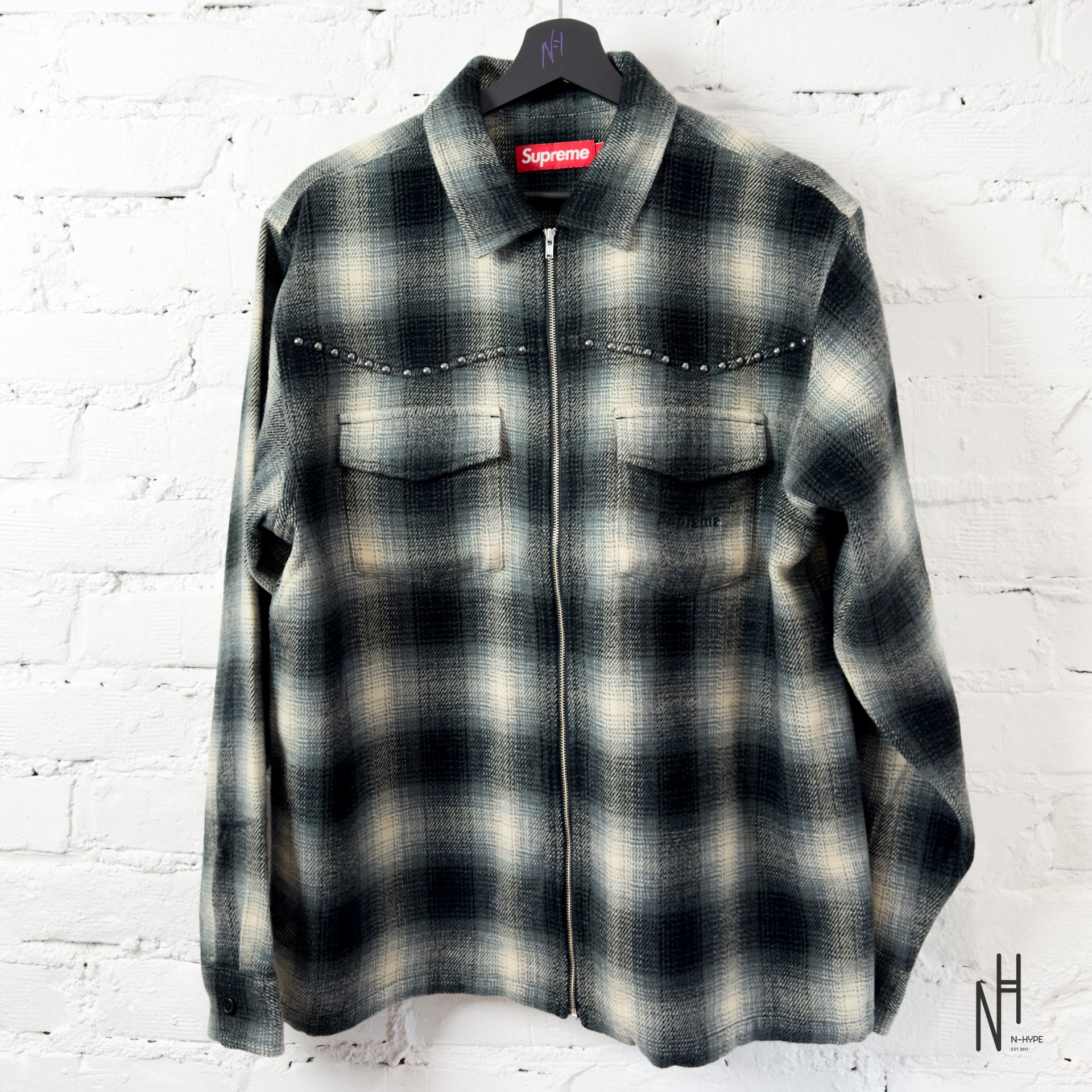 Supreme Studded Shadow Plaid Zip Up Shirt Black | N-Hype