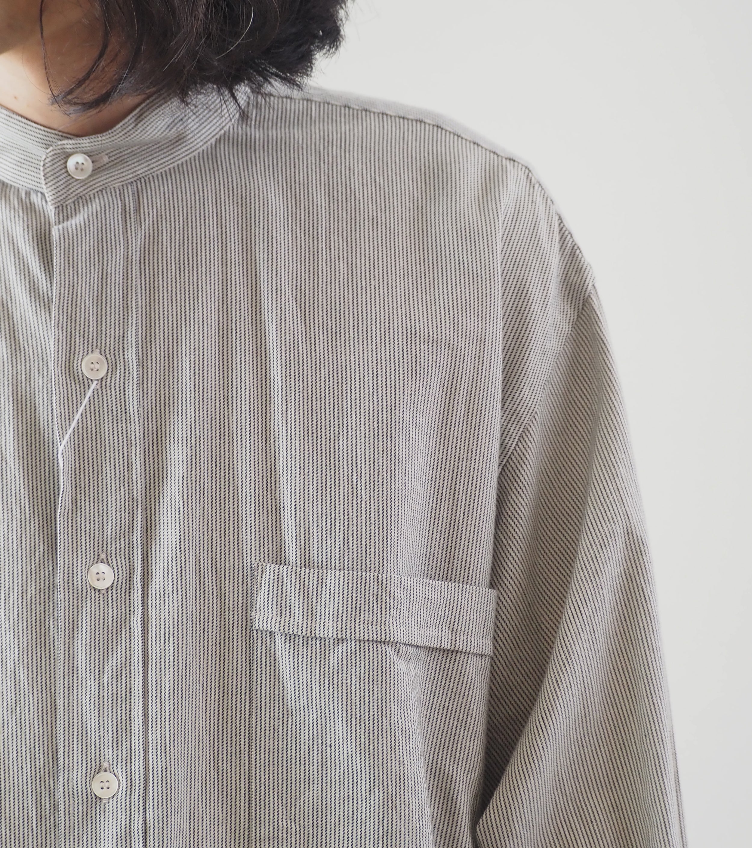 COMOLI C/CA ストライプ プルオーバー シャツ , Stripe – Navyblue